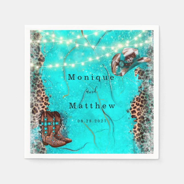 Country Western Turquoise Lights Leopard Wedding Napkin (Front)