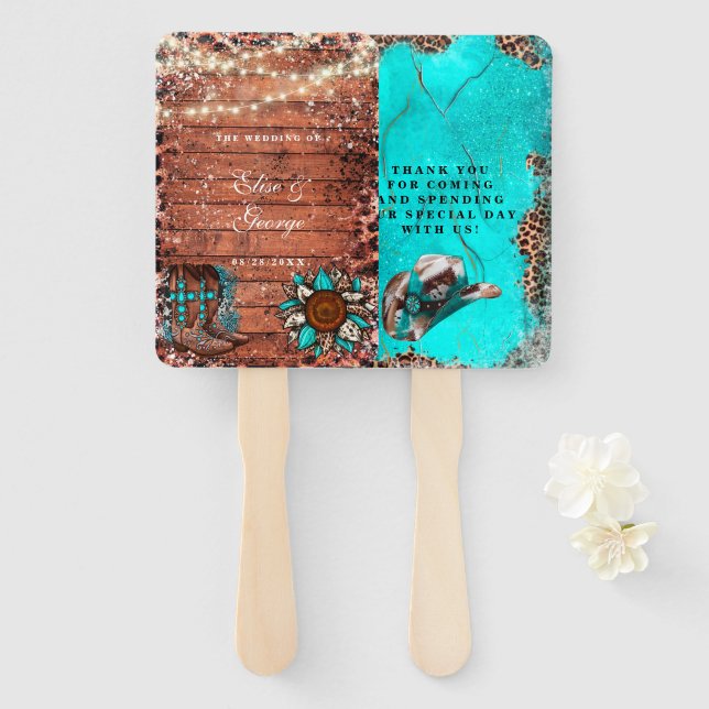 Country Western Turquoise Wood Wedding Hand Fan (Front and Back)