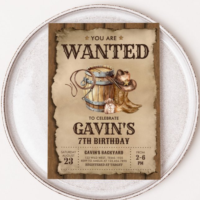 Country Western Wanted Cowboy Birthday Party Invitation (Wanted Cowboy Country Western Birthday Party Invitation)