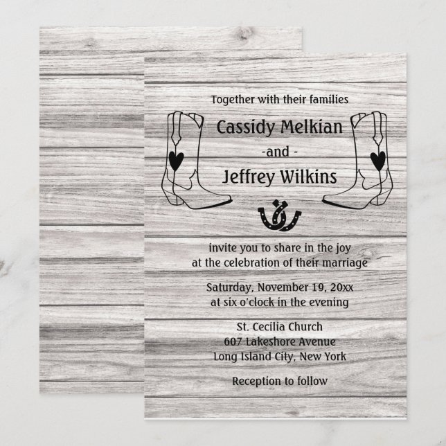 Country Western Wedding Cowboy Boots Rustic Wood Invitation (Front/Back)