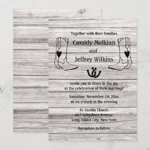 Country Western Wedding Cowboy Boots Rustic Wood Invitation