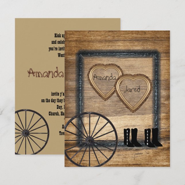 Country Western Wedding Invitation, Wagon Wheel Invitation (Front/Back)