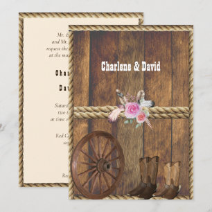 Country Western Wedding Pink Roses Feathers Rope I Invitation