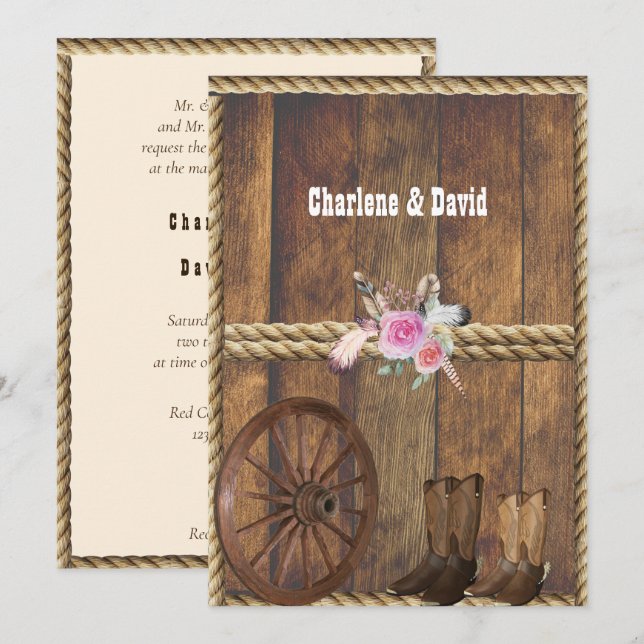Country Western Wedding Pink Roses Feathers Rope I Invitation (Front/Back)