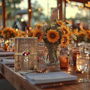 Country Western Wedding Red Pink Roses Wagon Wheel Table Number