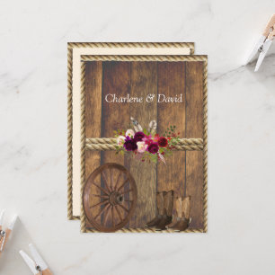 Country Western Wedding Red Roses Feathers Rope Invitation