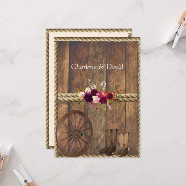 Country Western Wedding Red Roses Feathers Rope  Invitation (Front/Back In Situ)