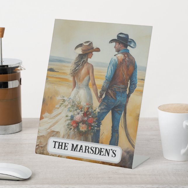 Country Western Wedding Watercolor Pedestal Sign (In SItu)