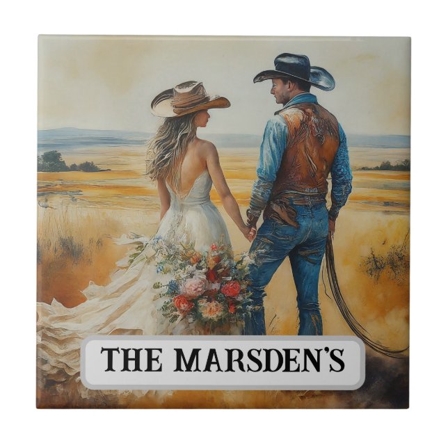 Country Western Wedding Watercolor Tile (Front)