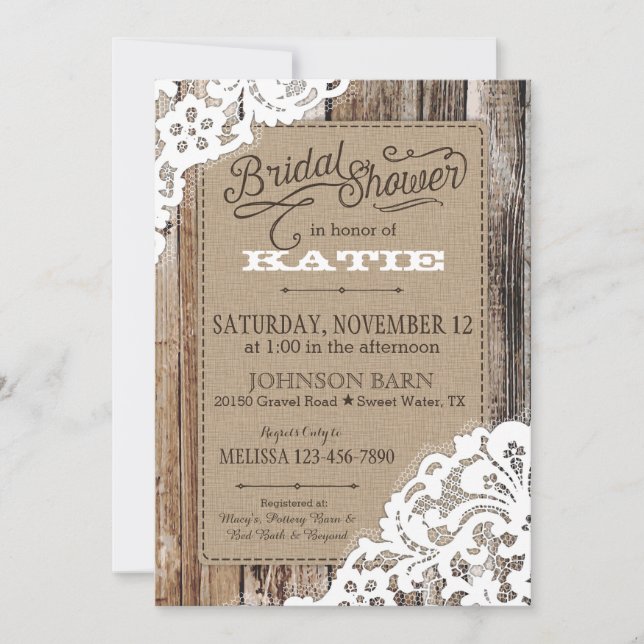Country Western Wood Lace Rustic Bridal Shower Invitation (Front)