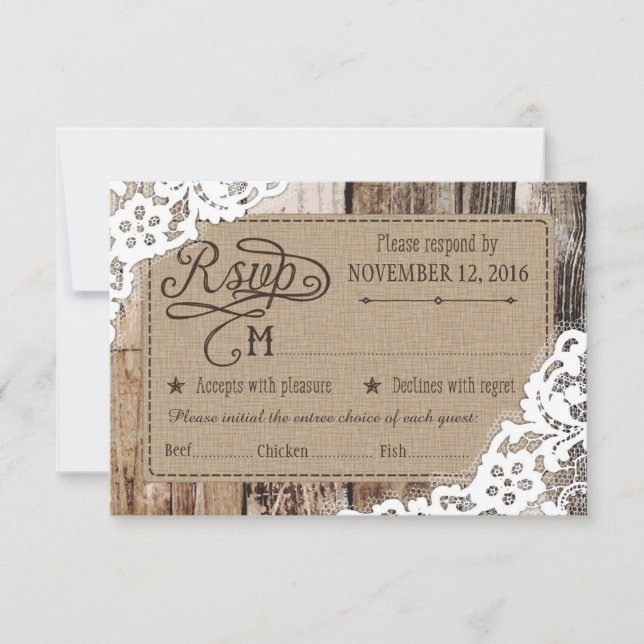Country Western Wood Lace Rustic RSVP Card (Front)