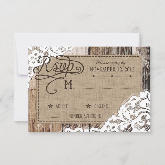 Country Western Wood Lace Rustic RSVP Card (Front)