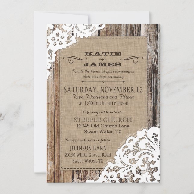 Country Western Wood Lace Rustic Wedding Invitation (Front)