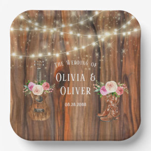 Country Western Wood Lights Violin Wedding Paper Plate