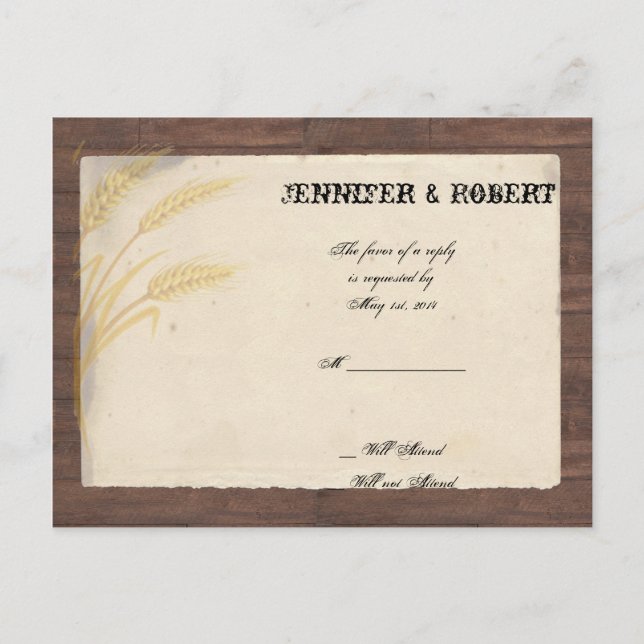 Country Wheat Grass on Parchment Wedding RSVP Invitation Postcard (Front)