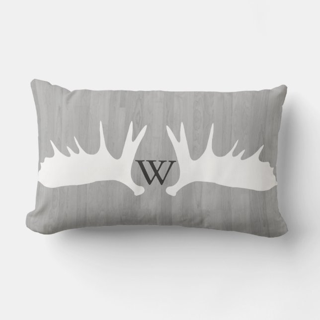 Country White Moose Antlers Grey Planks Monogram Lumbar Cushion (Front)