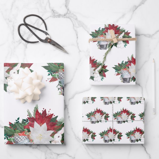 Country White Rabbit Tea Cups Poinsettia Christmas Wrapping Paper Sheet (Front)