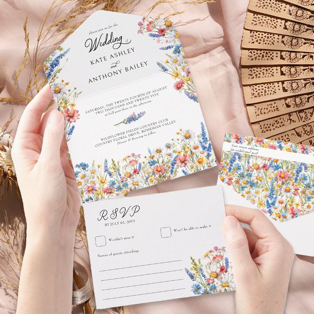 Country Wildflower Colourful Floral Wedding All In One Invitation (All in One Wedding Invitation with RSVP from Country Wildflower Wedding Collection by Darling & May)