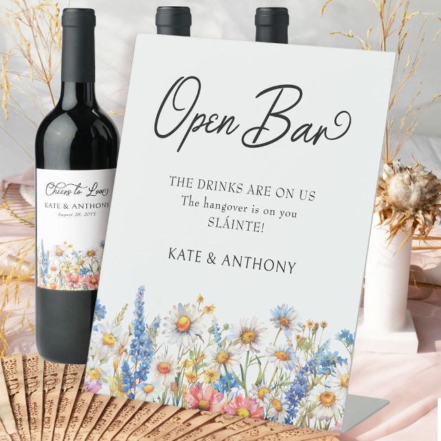 Country Wildflower Floral Wedding Open Bar Pedestal Sign (Wedding Open Bar sign from the Country Wildflower Wedding Collection by Darling & May)