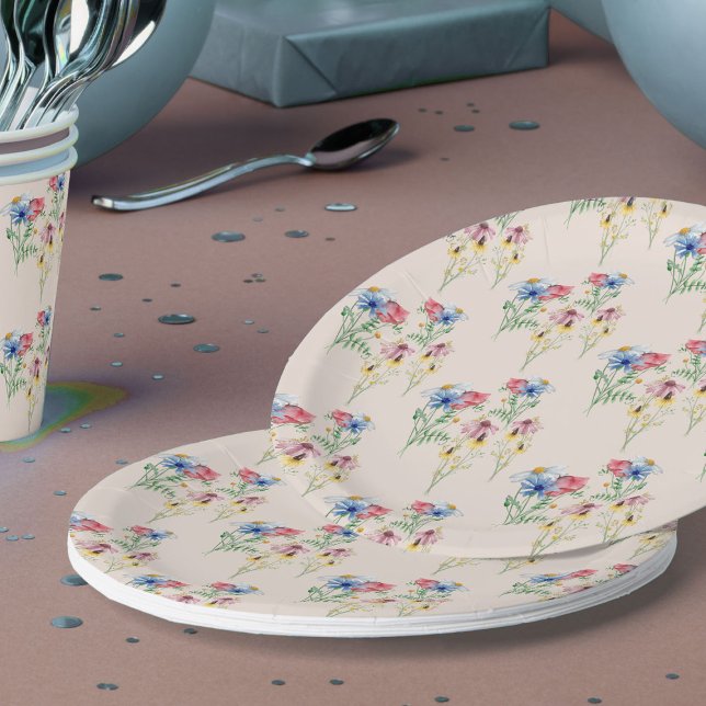 Country Wildflower Poppy Daisy Coneflower Pattern Paper Plate (Floral patterned paper plates from my Wildflower Charm Bridal Shower Collection)
