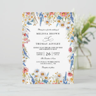 Country Wildflower Rustic Modern QR Code Wedding Invitation