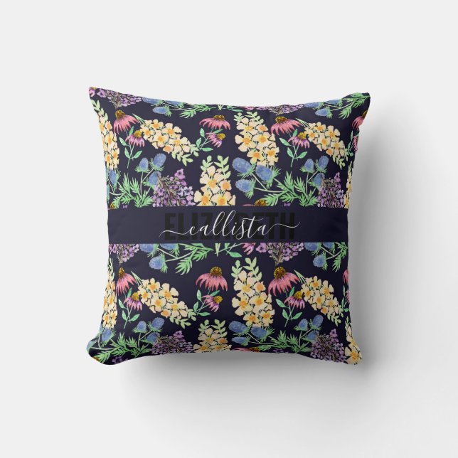 Country Wildflowers Floral Watercolor Monogram Cushion (Front)