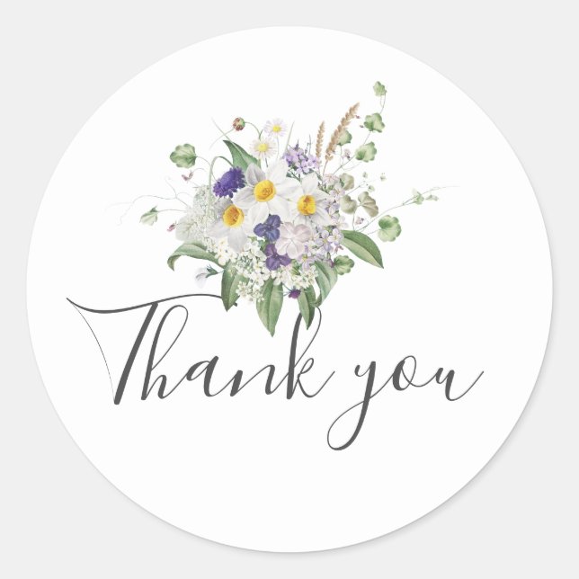 Country Wildflowers Greenery Posy Thank You Favour Classic Round Sticker (Front)
