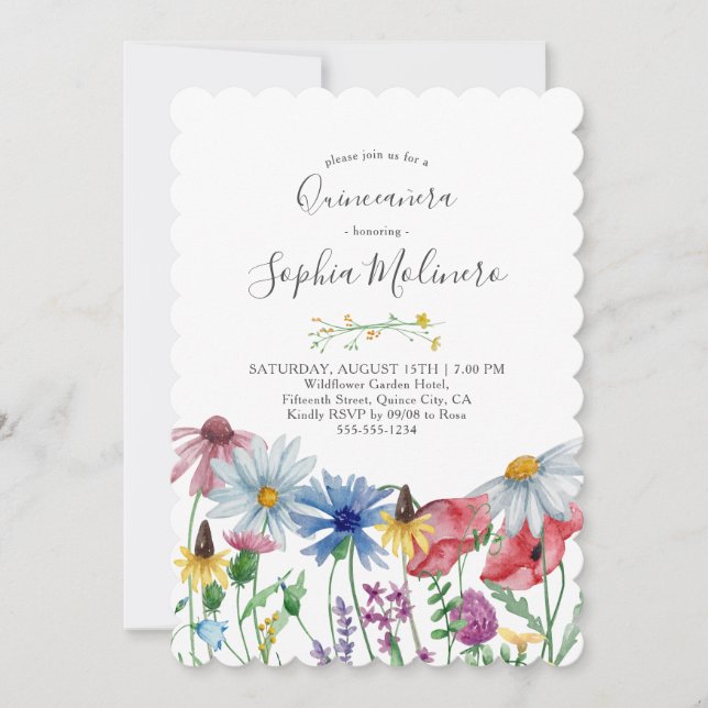 Country Wildflowers Pretty Watercolor Quinceanera Invitation (Front)