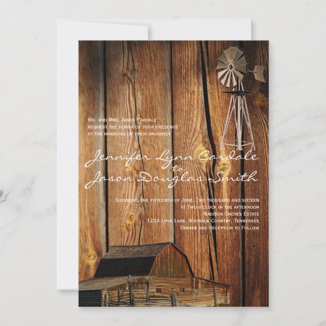 Country Windmill Barn Wood Wedding Invitations (Front)
