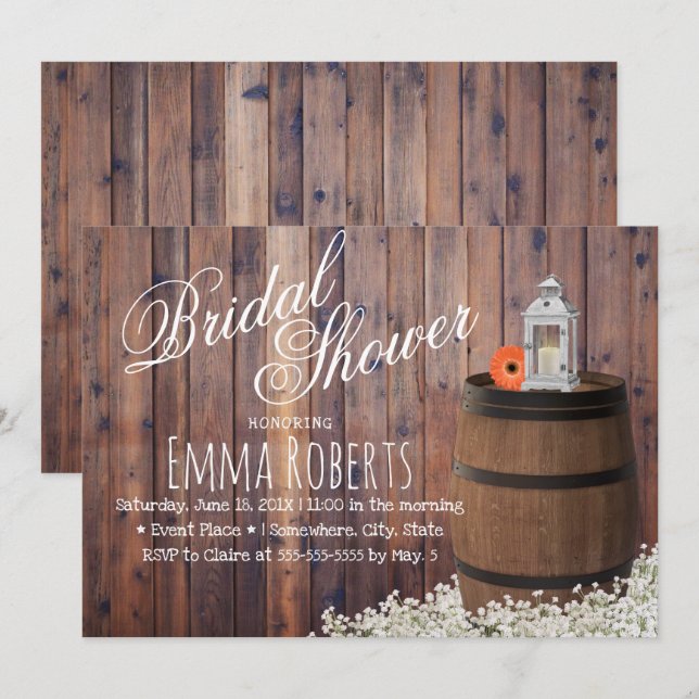 Country Wine Barrel & Lantern Floral Bridal Shower Invitation (Front/Back)