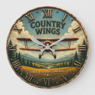 Country Wings Vintage Biplane Rustic Aviation  Large Clock