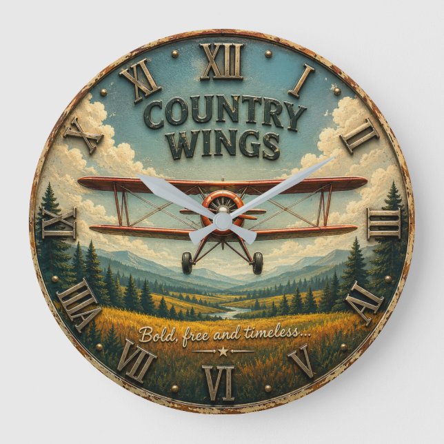Country Wings Vintage Biplane Rustic Aviation  Large Clock (Front)