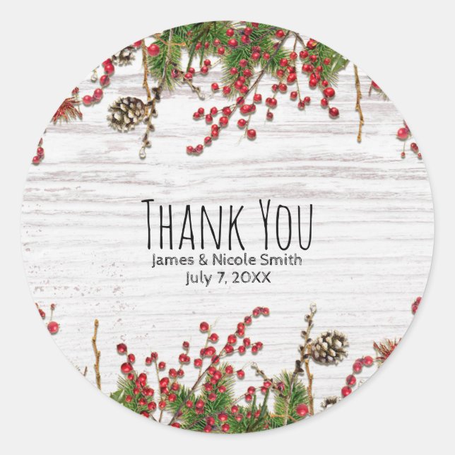 Country Winter Holiday Berries & Pine Cone Wedding Classic Round Sticker (Front)