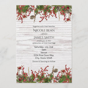 Country Winter Holiday Berries & Pine Cone Wedding Invitation