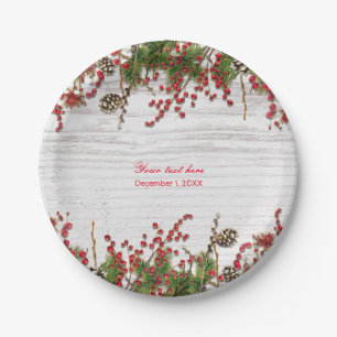 Country Winter Holiday Berries & Pine Cone Wedding Paper Plate
