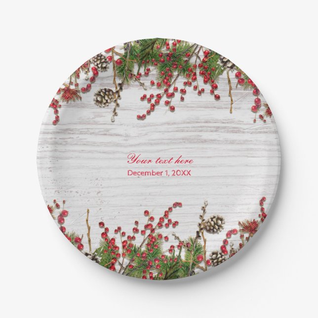 Country Winter Holiday Berries & Pine Cone Wedding Paper Plate (Front)