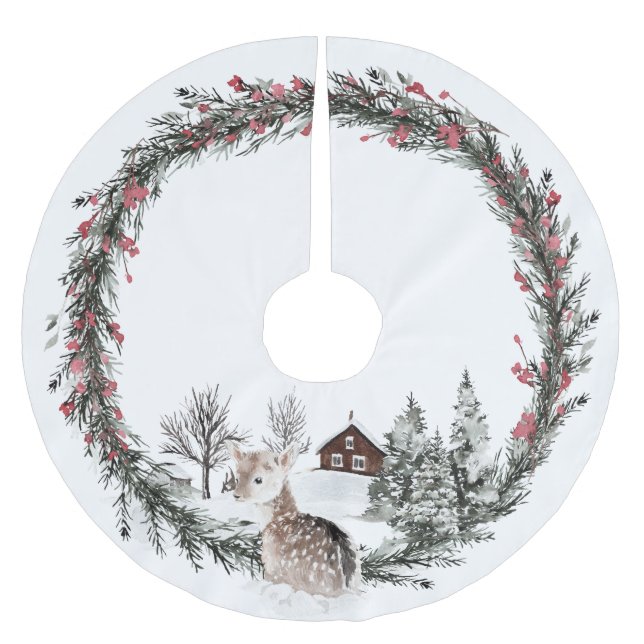 Country Winter Wonderland, Baby Deer, Rustic, Brushed Polyester Tree Skirt (Front)