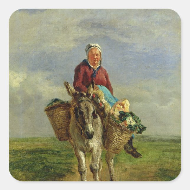 Country Woman Riding a Donkey Square Sticker (Front)