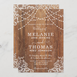 Country Wood and Lace Wedding Invitation, Rustic Invitation