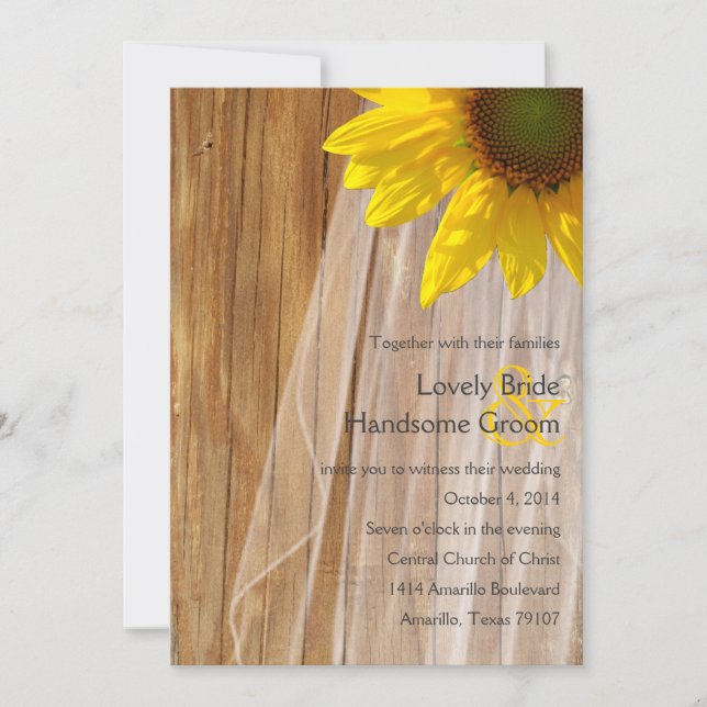 Country Wood Bridal Veil Sunflower Wedding Invite (Front)