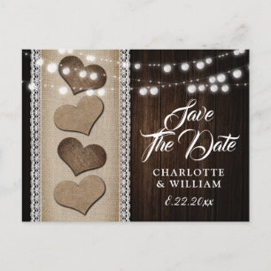 Country Wood Burlap Lace String Lights Wedding Announcement Postcard