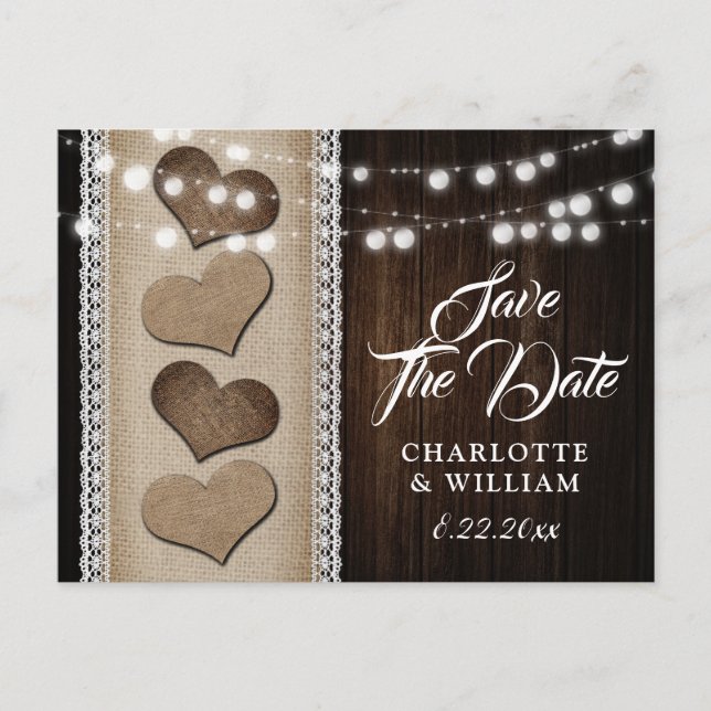 Country Wood Burlap Lace String Lights Wedding Announcement Postcard (Front)