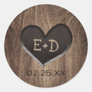 Country Wood Heart Monogram Rustic Wedding Classic Round Sticker