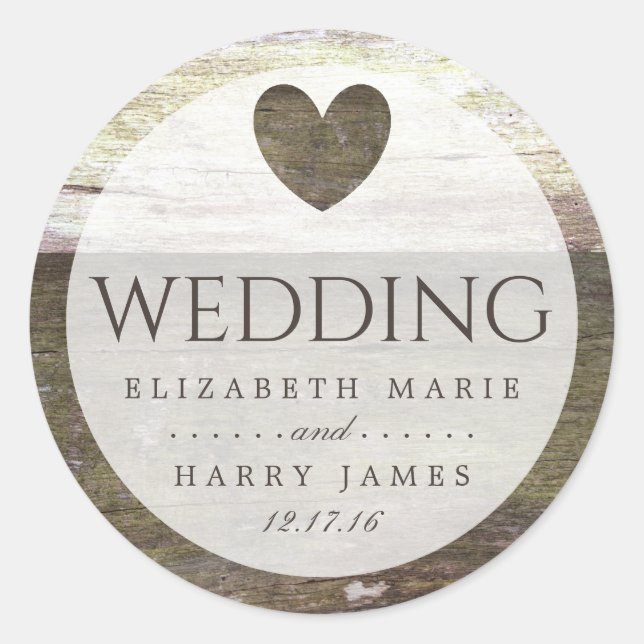 Country Wood Heart Wedding Classic Round Sticker (Front)