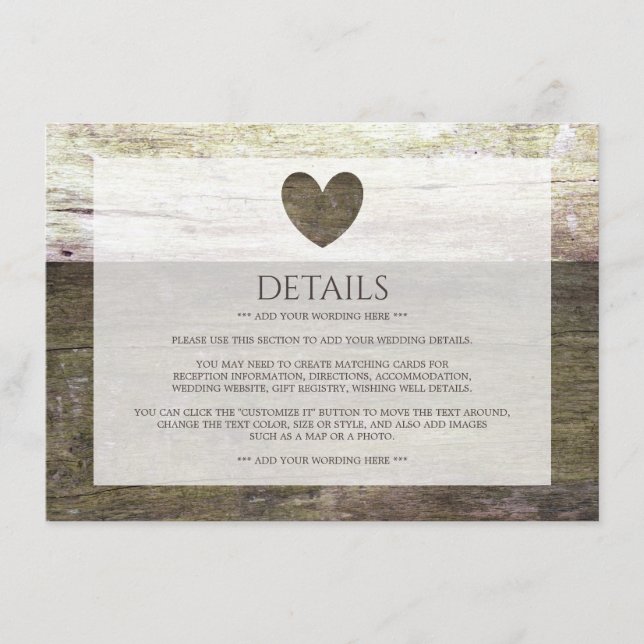 Country Wood Heart Wedding Detail Enclosure Card (Front)