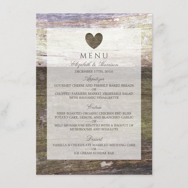 Country Wood Heart Wedding Menu (Front)
