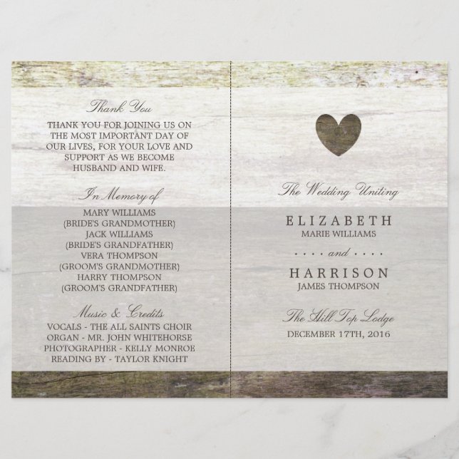 Country Wood Heart Wedding Program (Front)