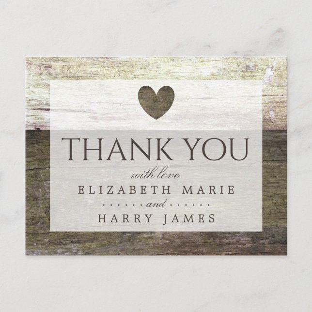Country Wood Heart Wedding Thank You Postcard (Front)