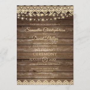 Country Wood Lights & Lace Wedding Invitation
