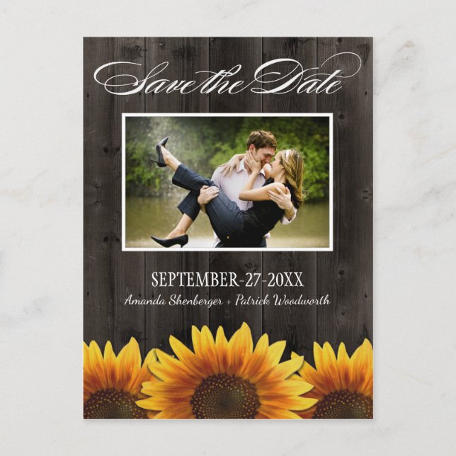 Country Wood Rustic Sunflower Save the Date Cards (Front)